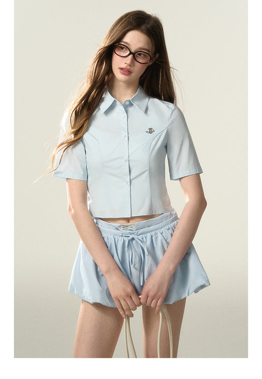 Cropped Fitted Cotton Shirt And Off-Shoulder Knit Top