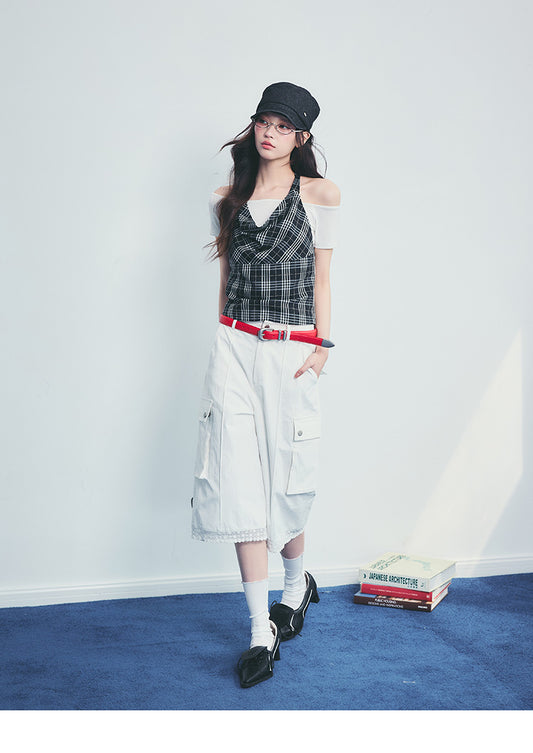 Plaid Halter And Off-Shoulder Top Set