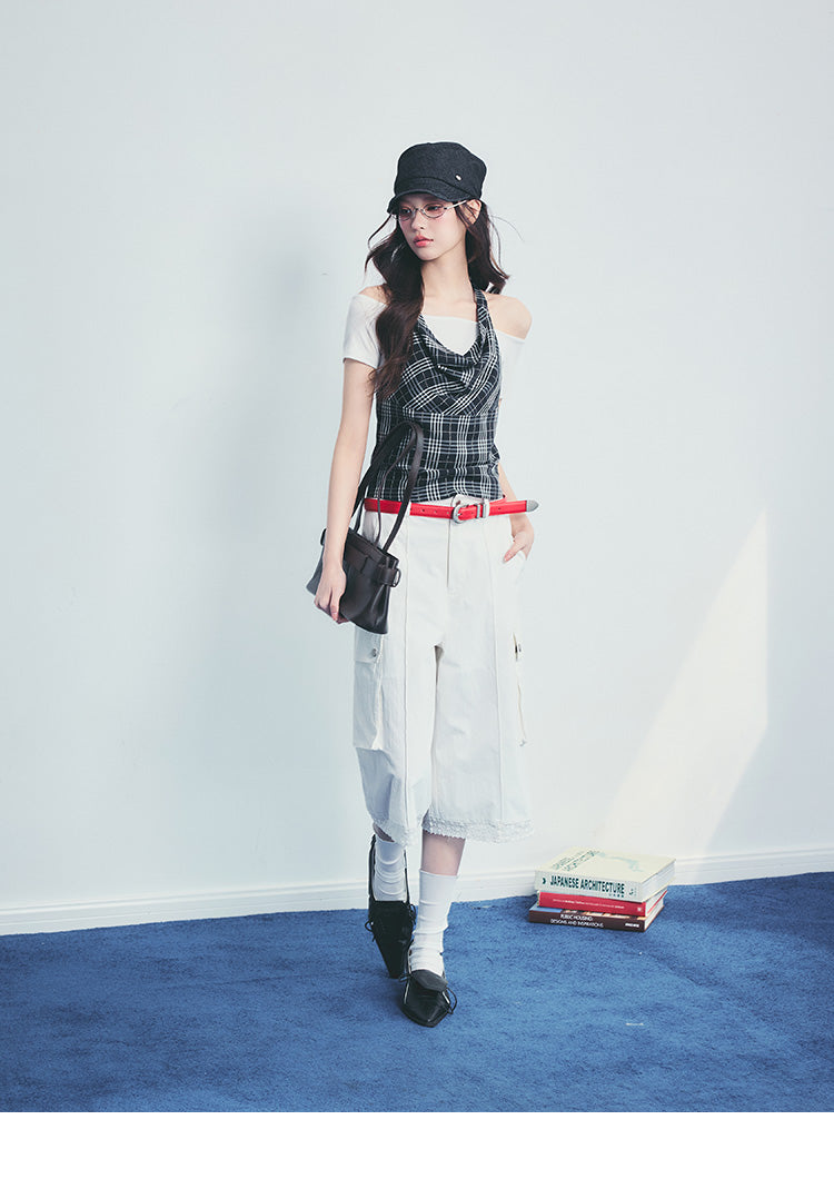 Plaid Halter And Off-Shoulder Top Set