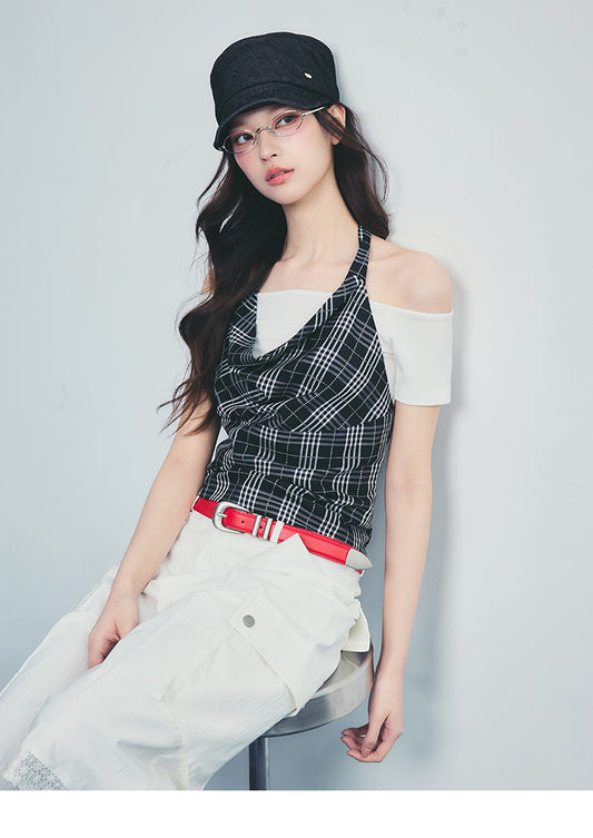 Plaid Halter And Off-Shoulder Top Set