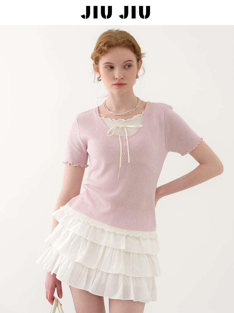 Lettuce Edge Layered Sheer Knit Top