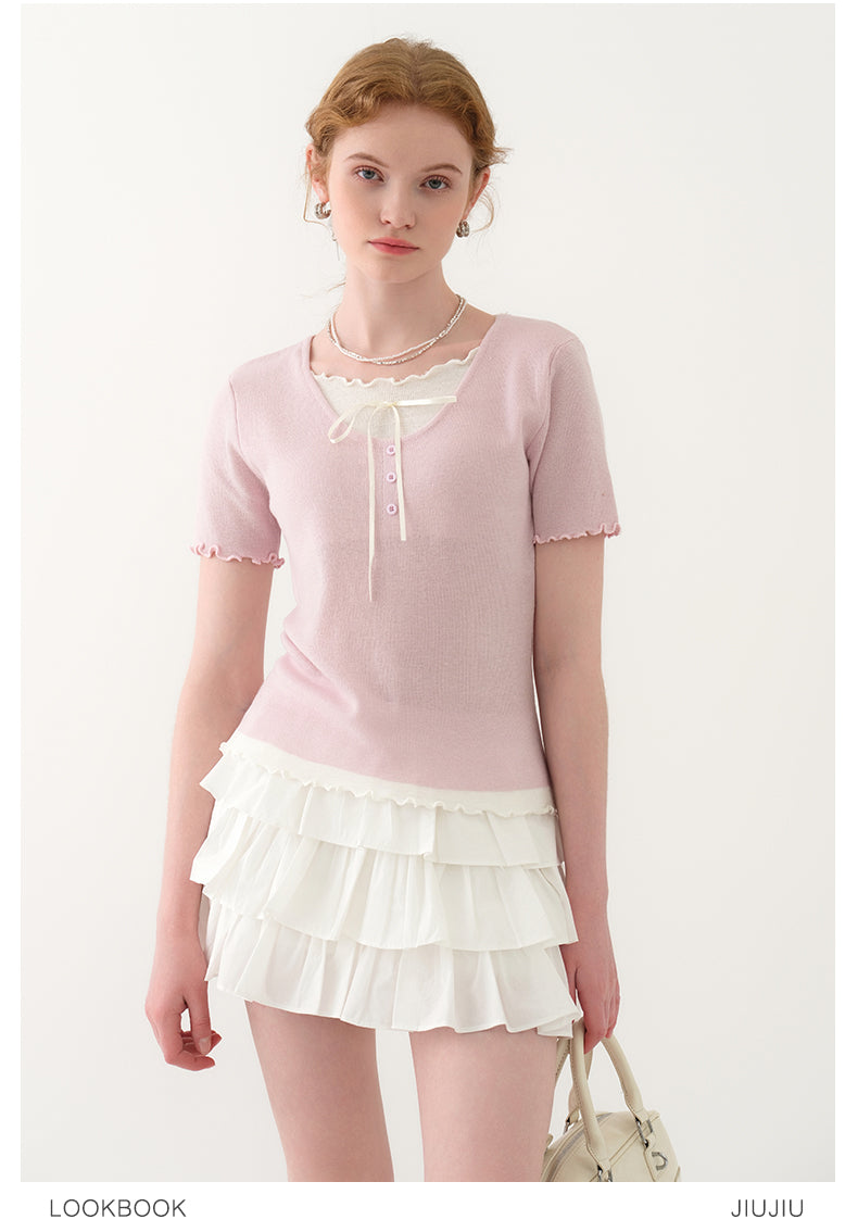 Lettuce Edge Layered Sheer Knit Top