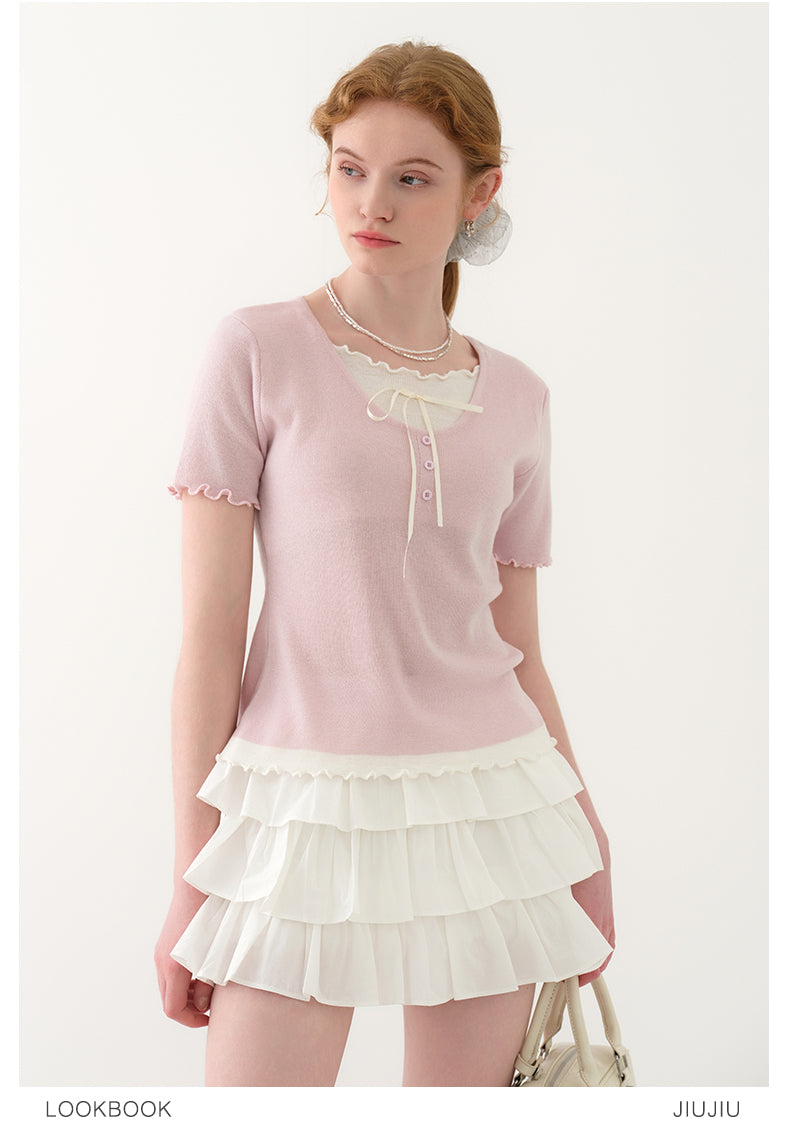 Lettuce Edge Layered Sheer Knit Top