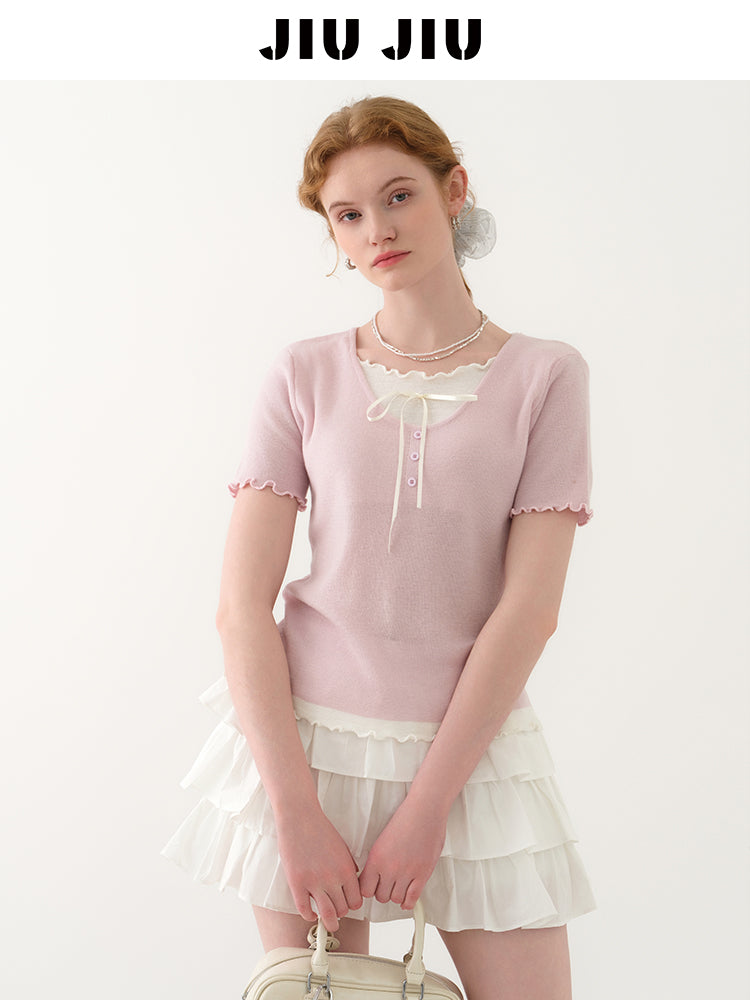 Lettuce Edge Layered Sheer Knit Top
