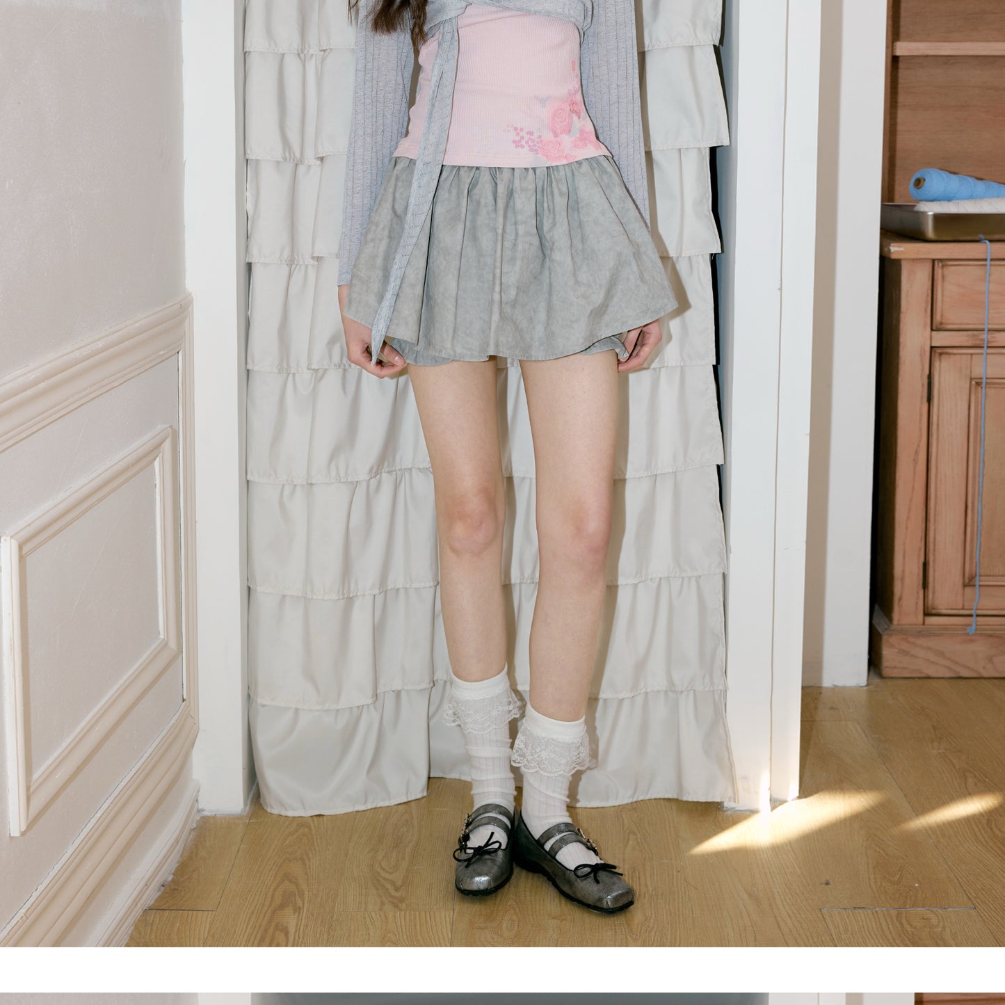 Layered Flare Skirt Pants In Washed Cotton