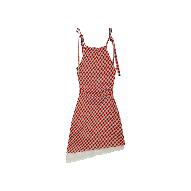 Asymmetric Checkered Dress With Tie Straps