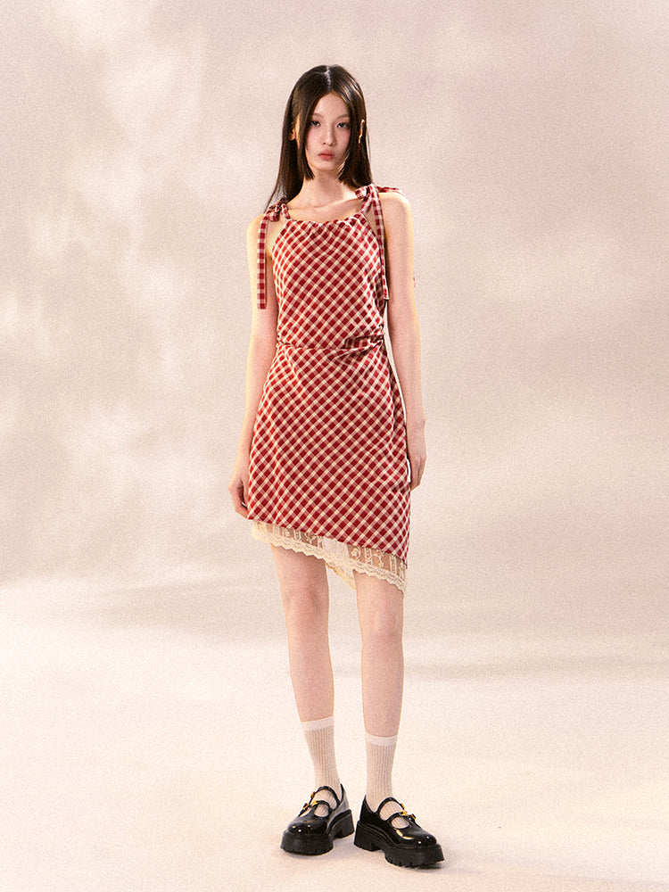 Asymmetric Checkered Dress With Tie Straps