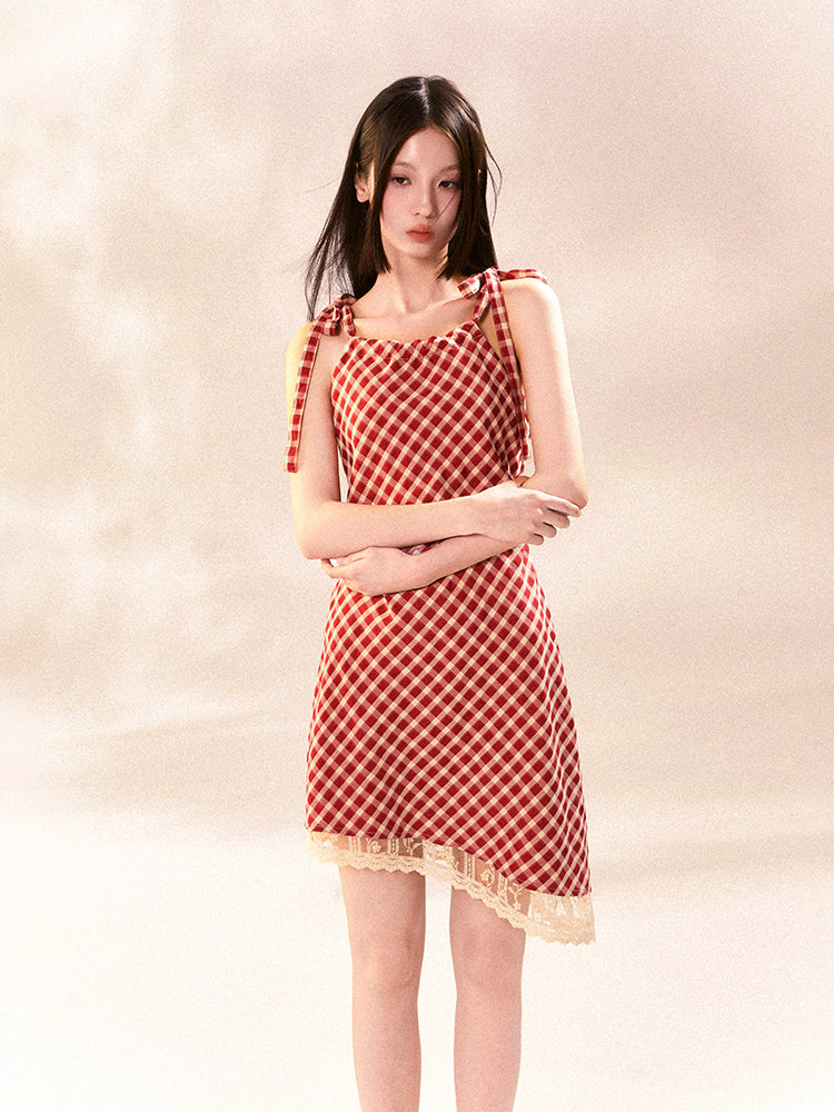 Asymmetric Checkered Dress With Tie Straps