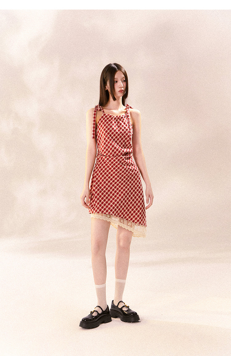 Asymmetric Checkered Dress With Tie Straps