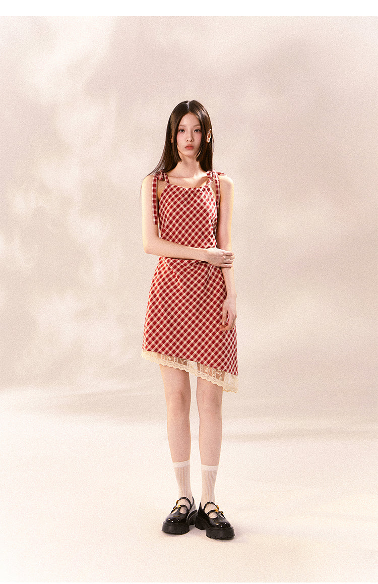 Asymmetric Checkered Dress With Tie Straps