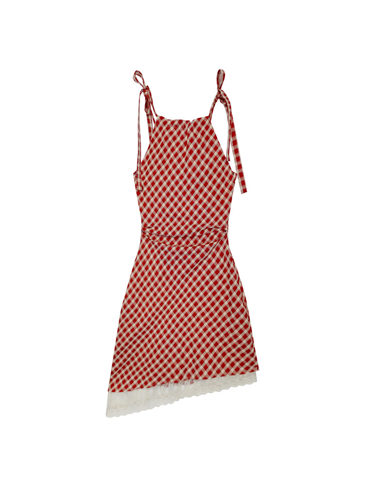 Asymmetric Checkered Dress With Tie Straps