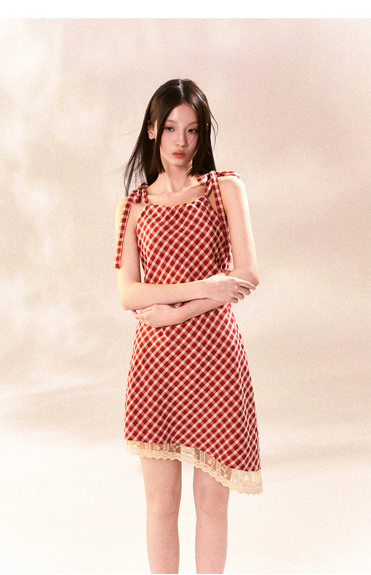 Asymmetric Checkered Dress With Tie Straps