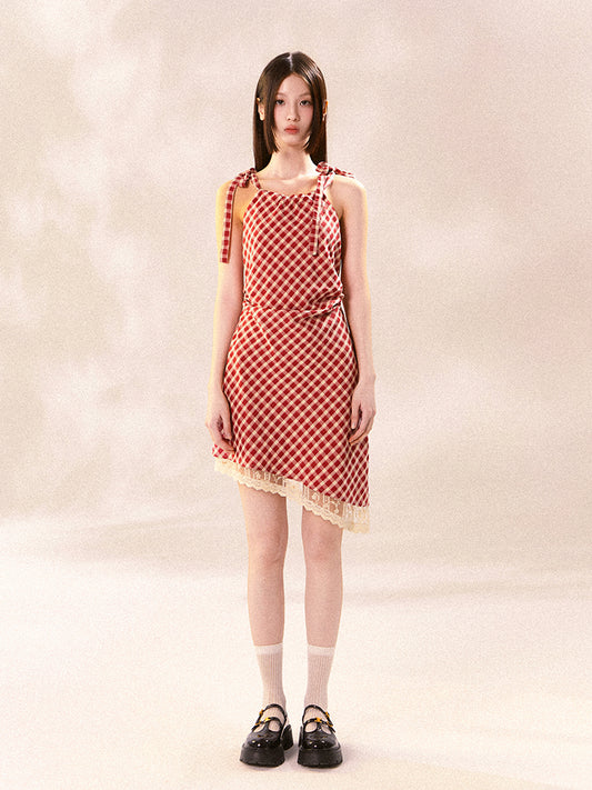Asymmetric Checkered Dress With Tie Straps