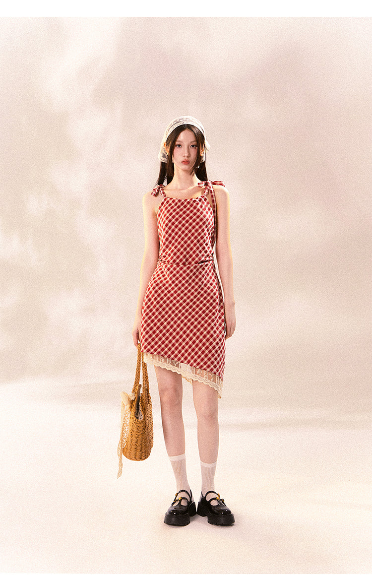 Asymmetric Checkered Dress With Tie Straps