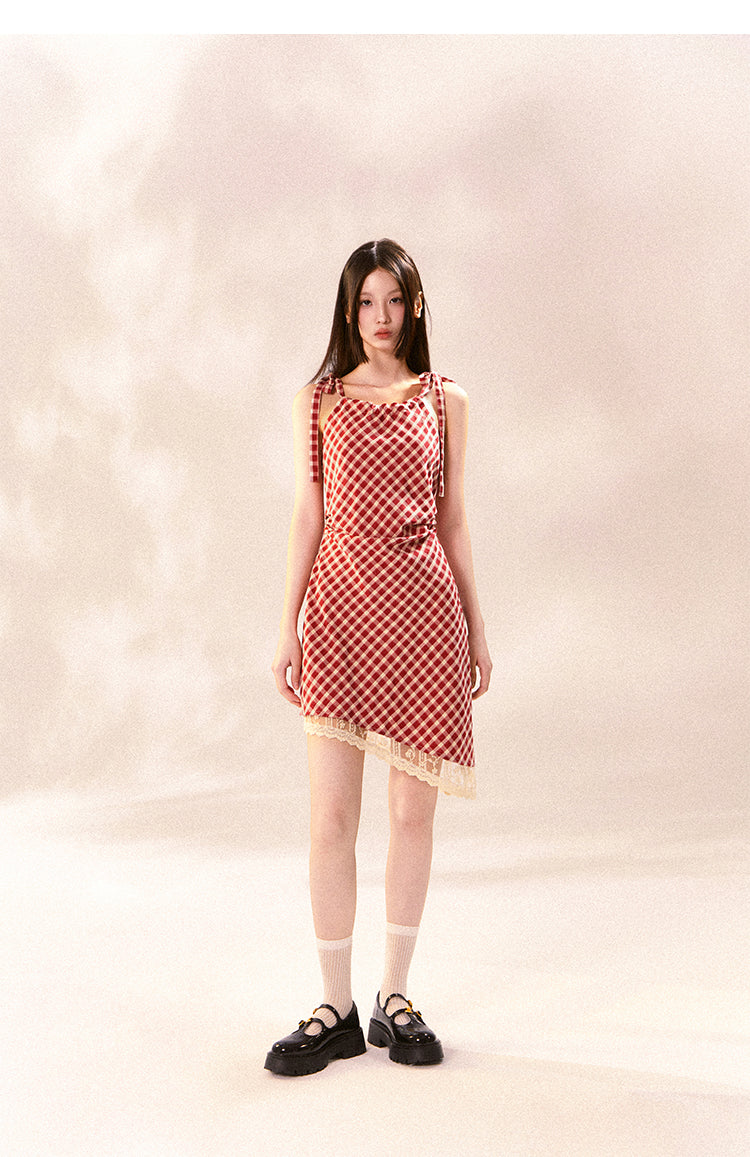 Asymmetric Checkered Dress With Tie Straps