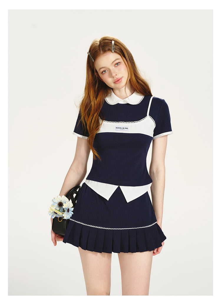 Color Block Layered Top & Pleated Skirt