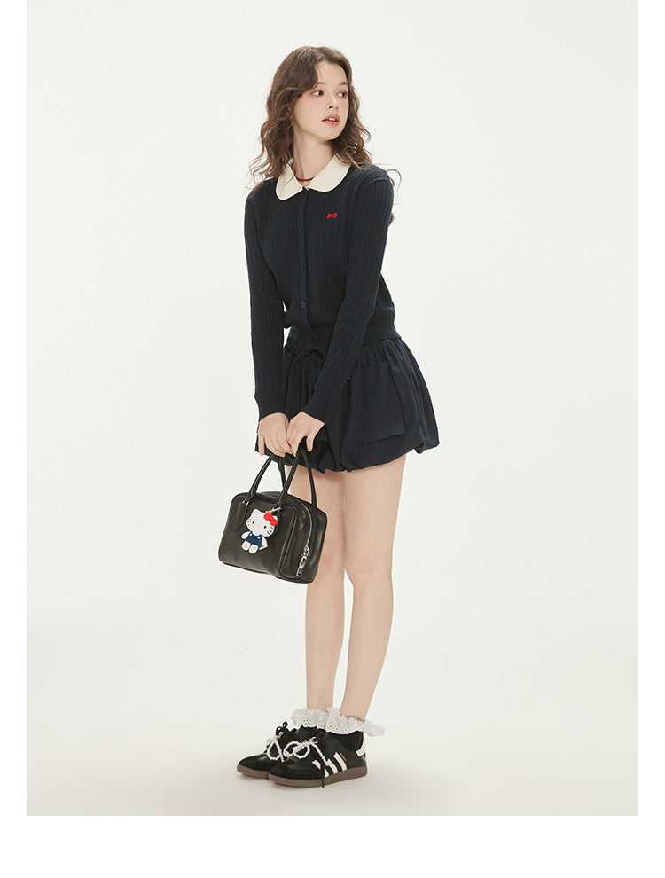 Kitty Bow Embroidered Collared Cotton Cardigan