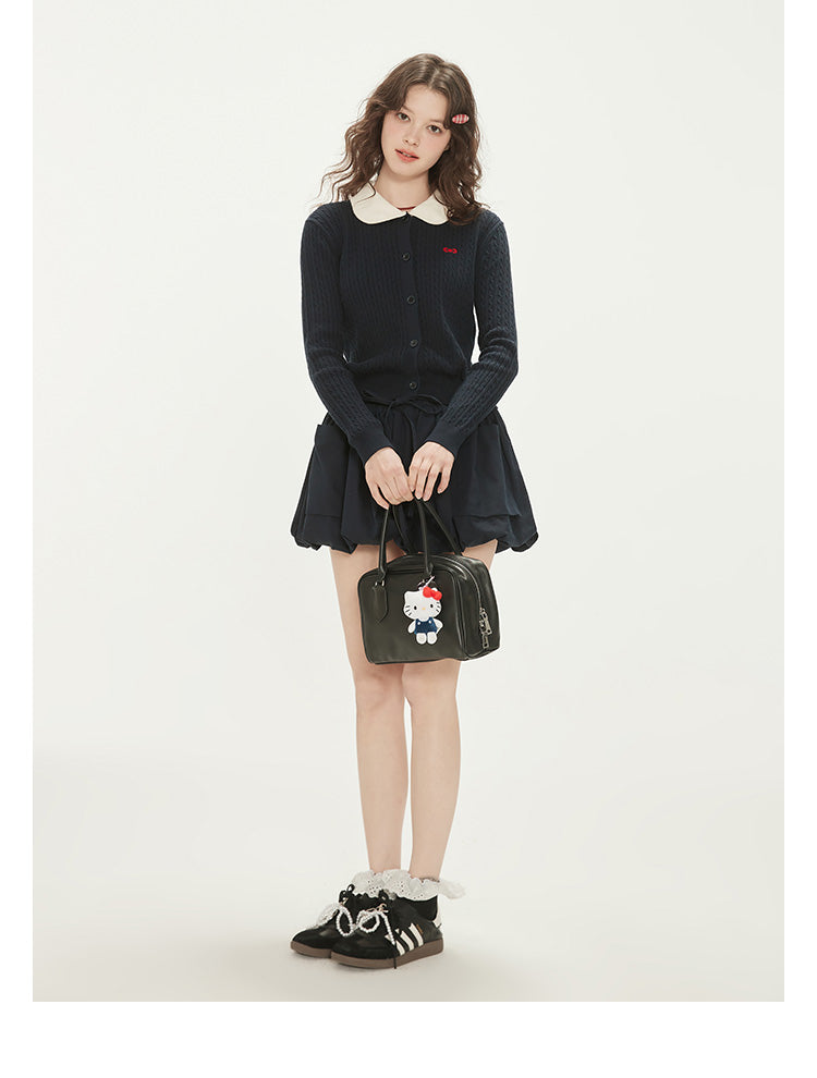 Kitty Bow Embroidered Collared Cotton Cardigan