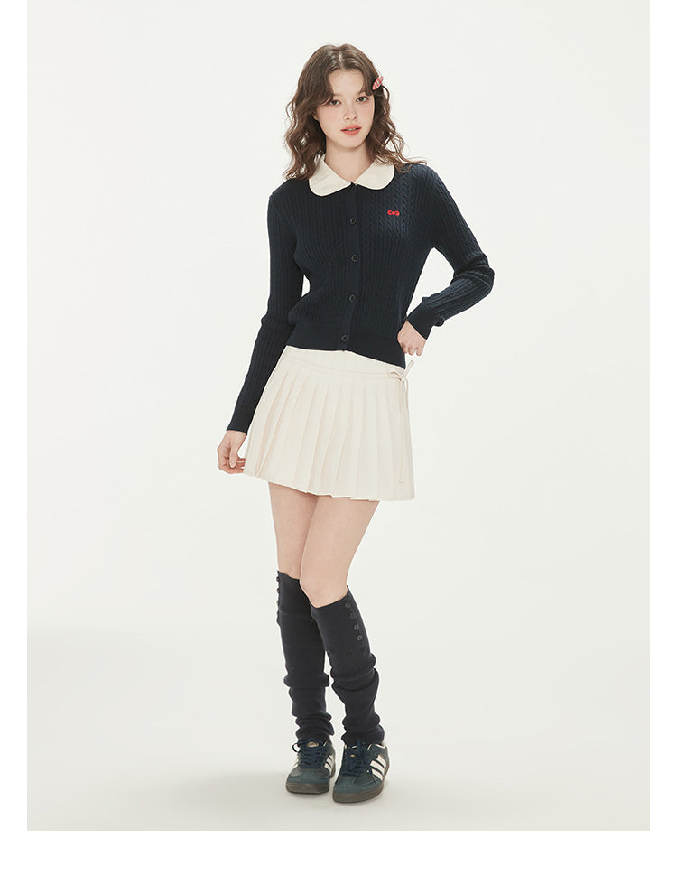 Kitty Bow Embroidered Collared Cotton Cardigan