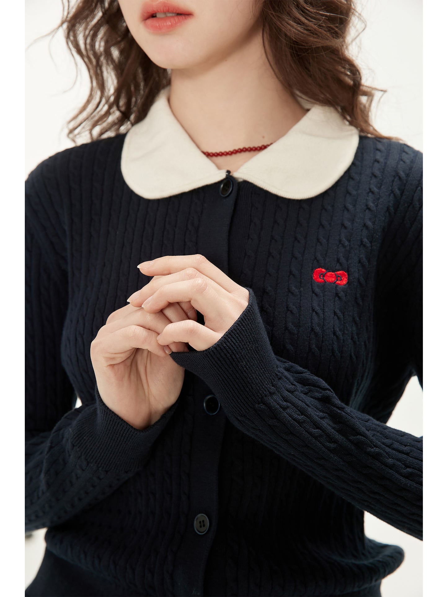 Kitty Bow Embroidered Collared Cotton Cardigan