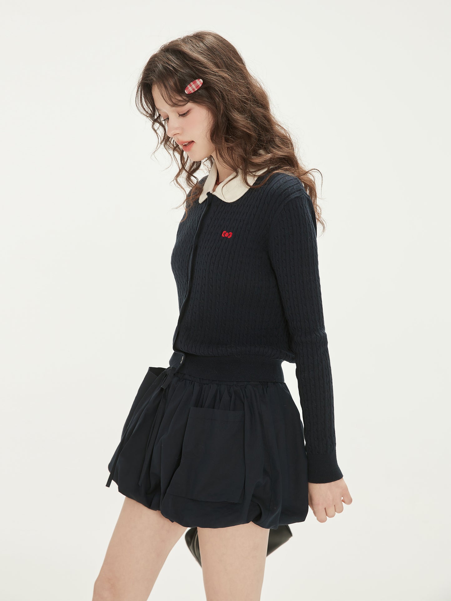 Kitty Bow Embroidered Collared Cotton Cardigan
