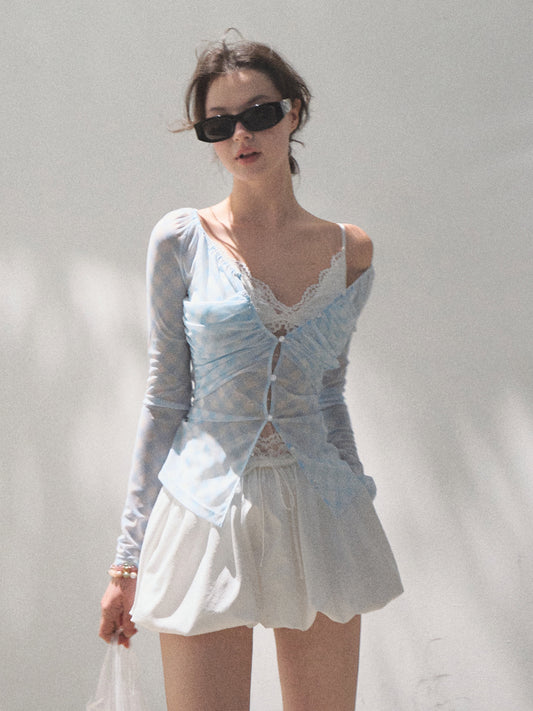 Diamond Gingham Ruched Sheer Blouse