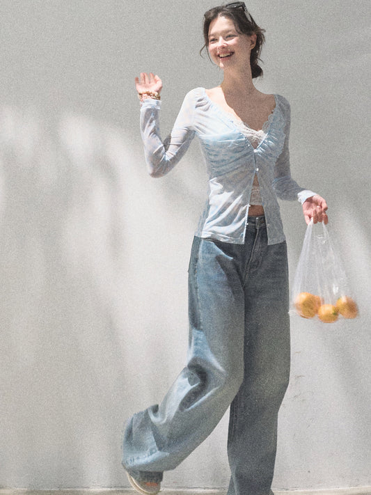 Diamond Gingham Ruched Sheer Blouse