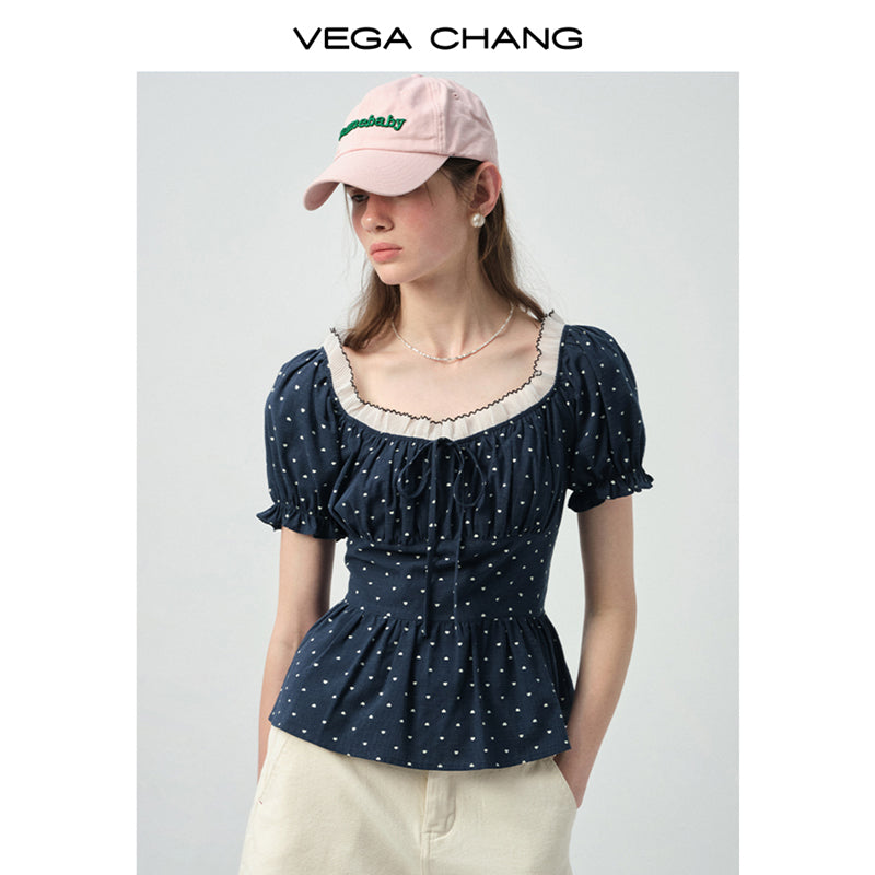 Smocked Polka Dot Blouse With Puff Sleeves