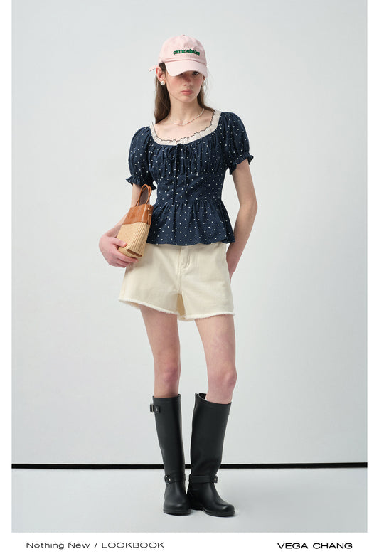 Smocked Polka Dot Blouse With Puff Sleeves