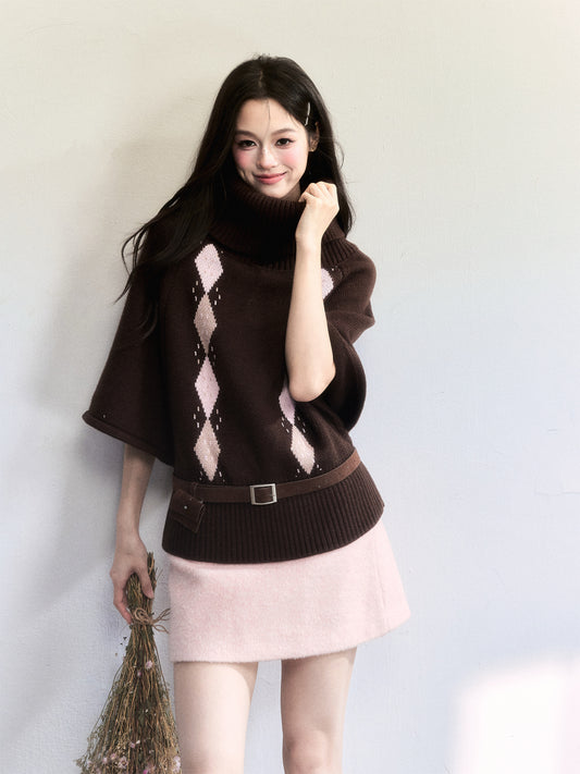 Cape-Inspired Roll Neck Argyle Knit Top