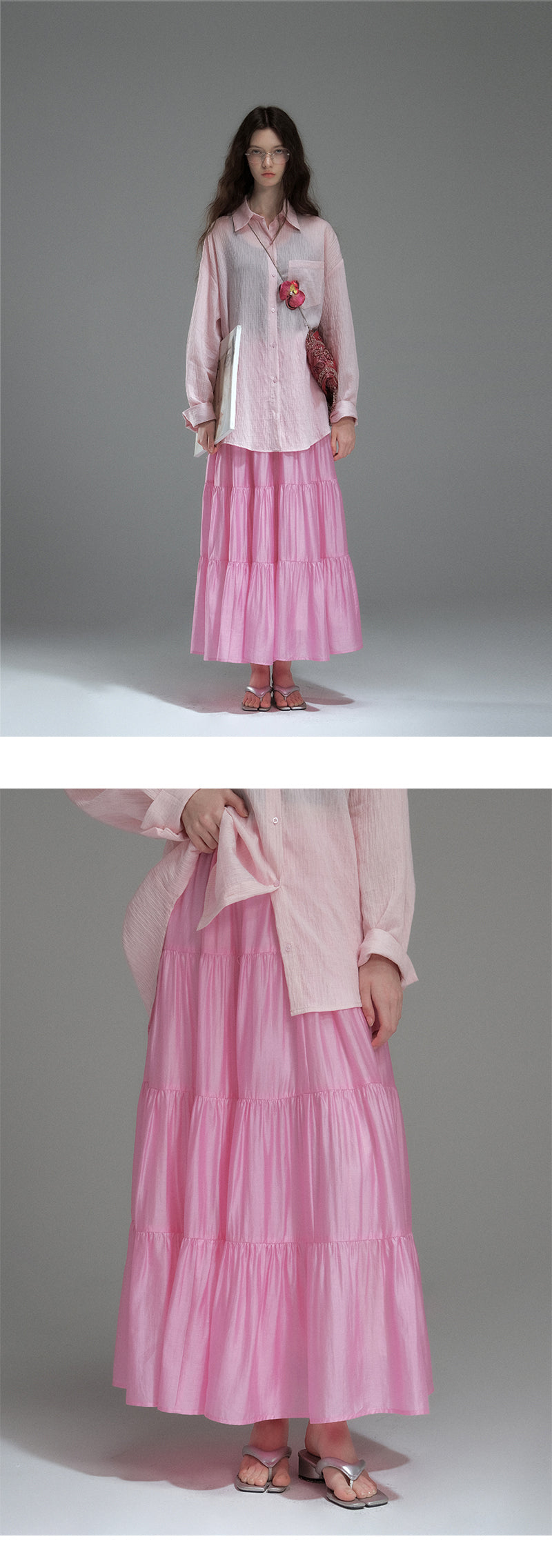 Glossy Gathered Maxi Skirt