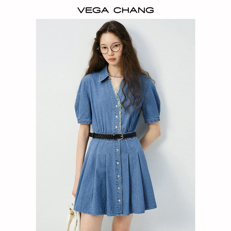Puff-Sleeve V-Neck Lace Trim Pleated Denim Dress