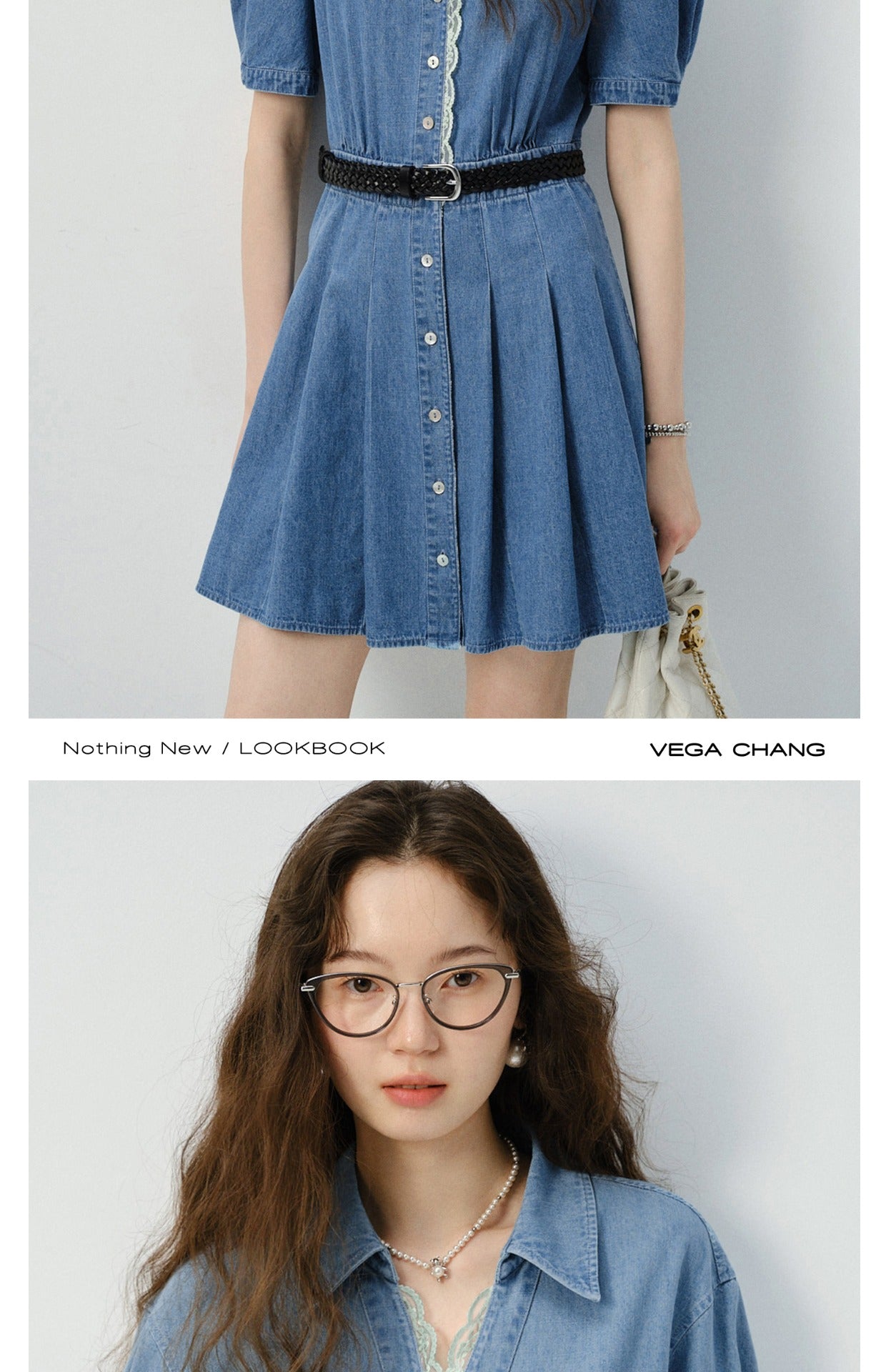Puff-Sleeve V-Neck Lace Trim Pleated Denim Dress