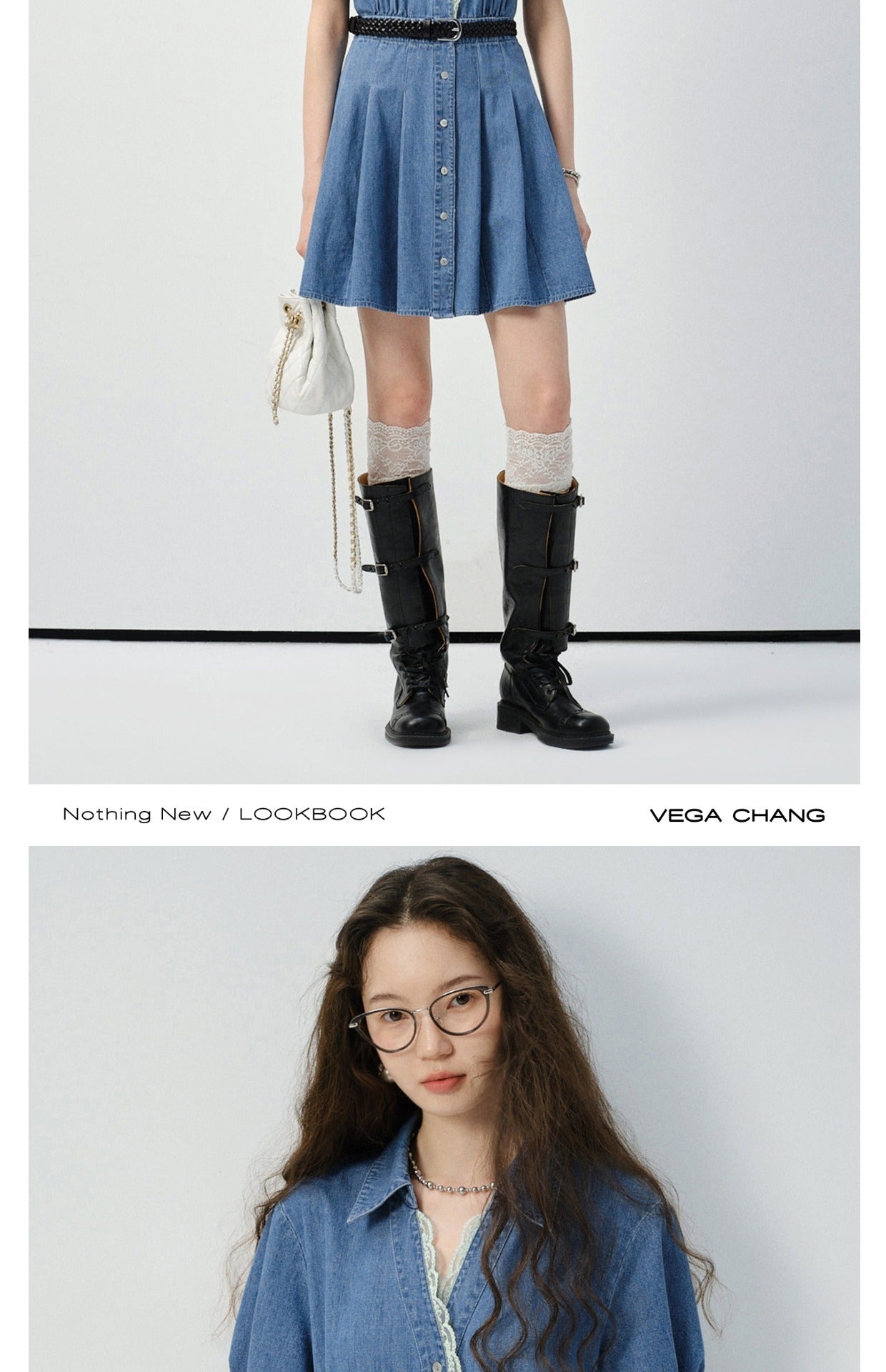 Puff-Sleeve V-Neck Lace Trim Pleated Denim Dress