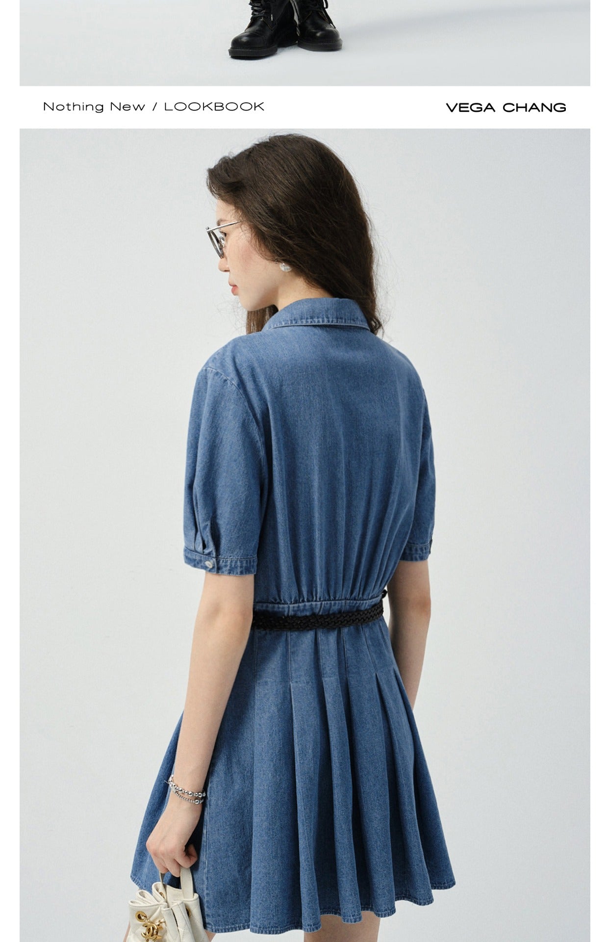 Puff-Sleeve V-Neck Lace Trim Pleated Denim Dress