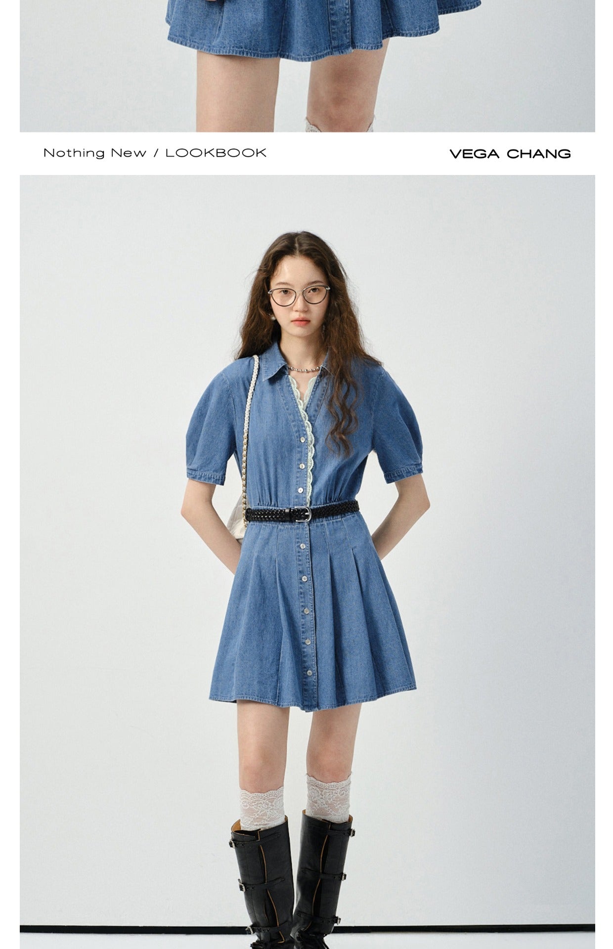 Puff-Sleeve V-Neck Lace Trim Pleated Denim Dress