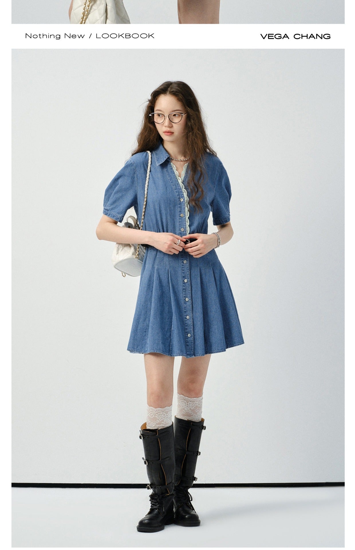 Puff-Sleeve V-Neck Lace Trim Pleated Denim Dress