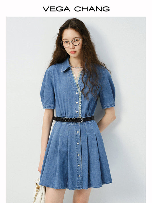 Puff-Sleeve V-Neck Lace Trim Pleated Denim Dress