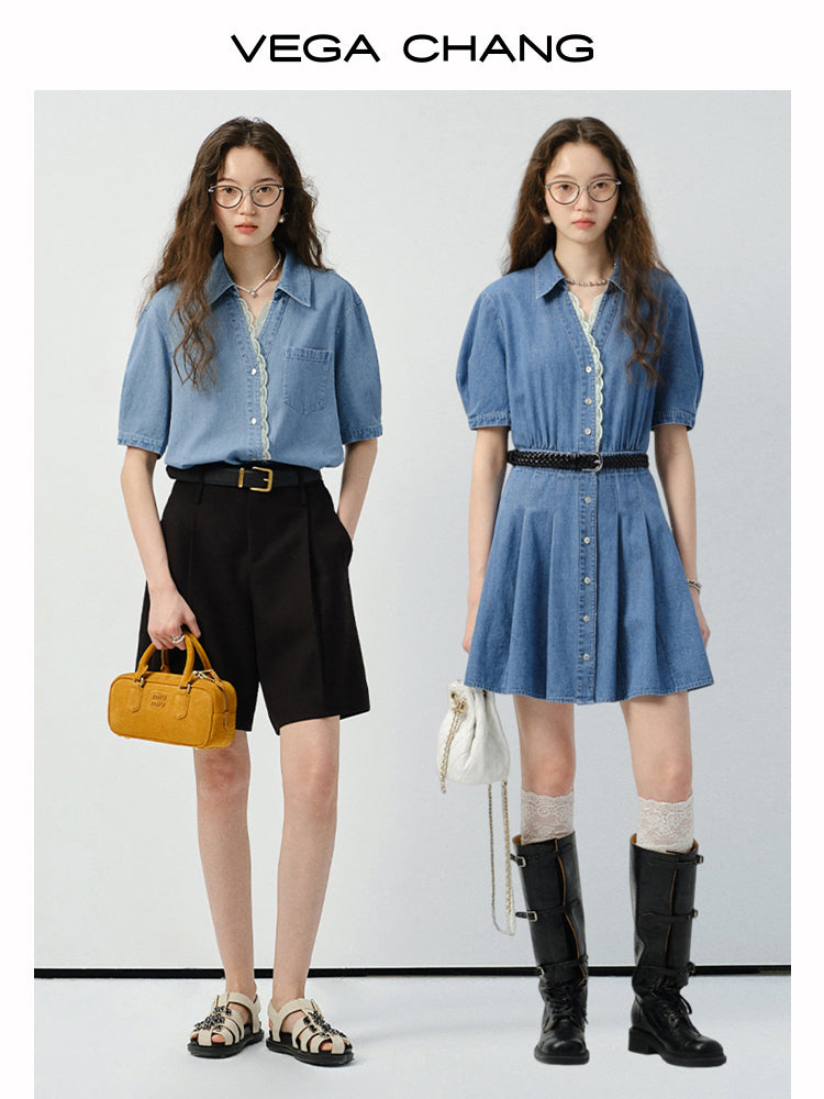 Puff-Sleeve V-Neck Lace Trim Pleated Denim Dress