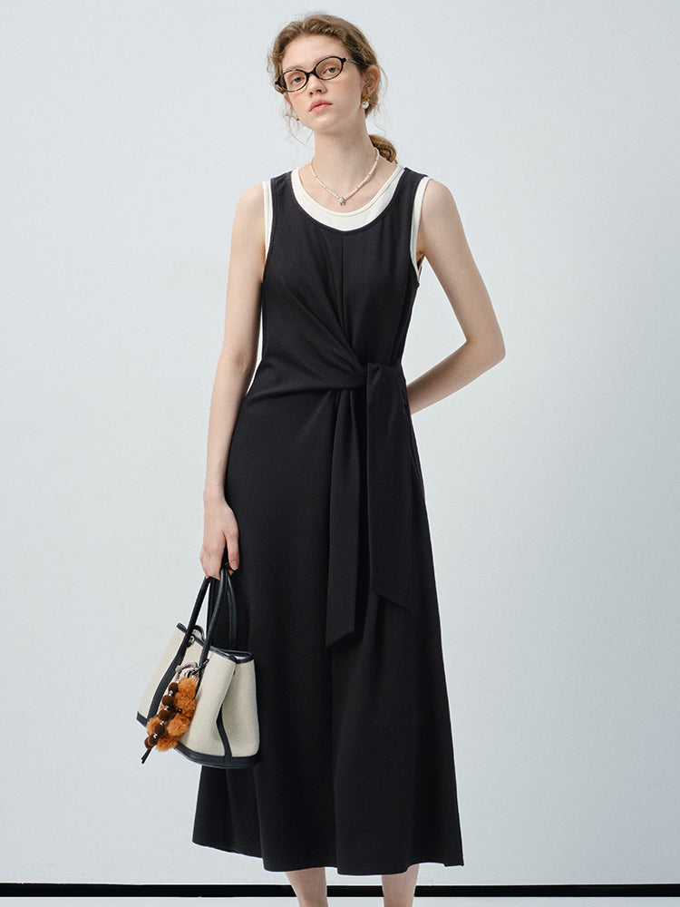 Two-Tone Layered Dress With Tie
