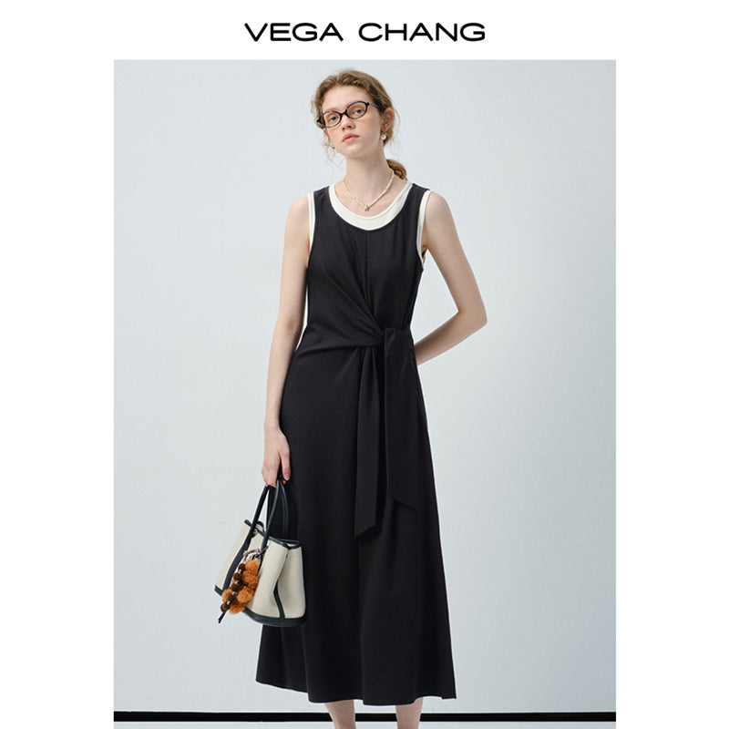Two-Tone Layered Dress With Tie