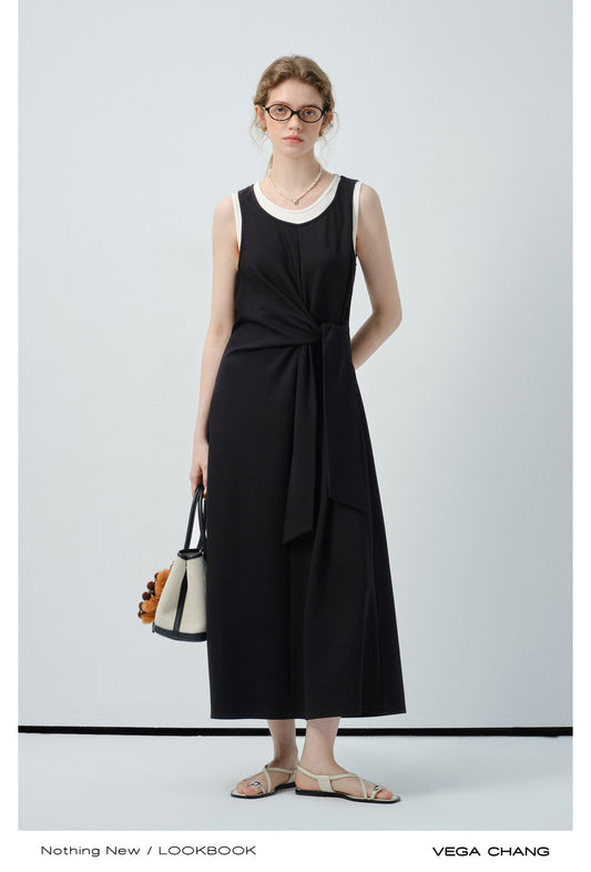 Two-Tone Layered Dress With Tie