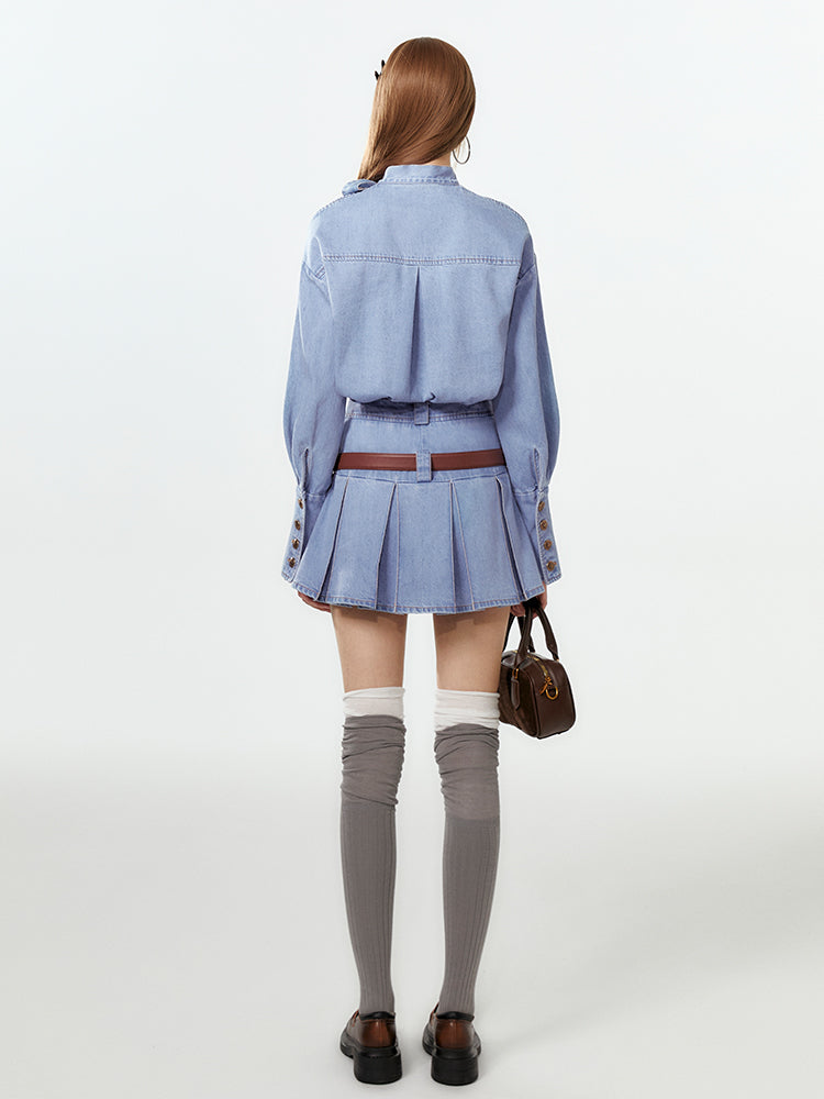 V-Neck Washed Denim Shirt With Extended Cuffs