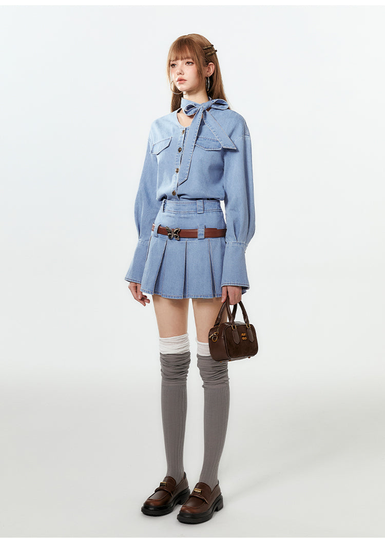 V-Neck Washed Denim Shirt With Extended Cuffs