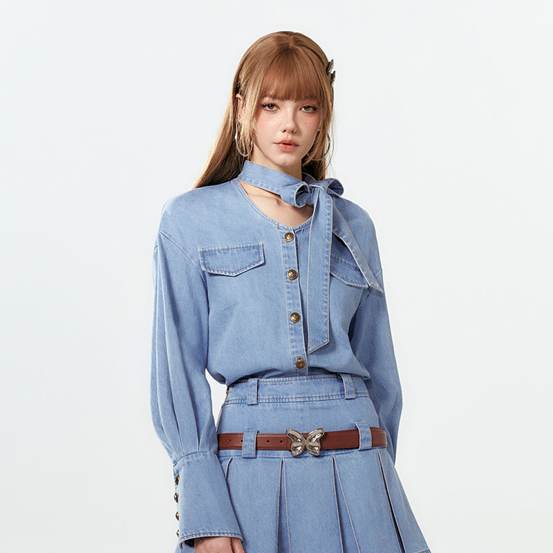 V-Neck Washed Denim Shirt With Extended Cuffs