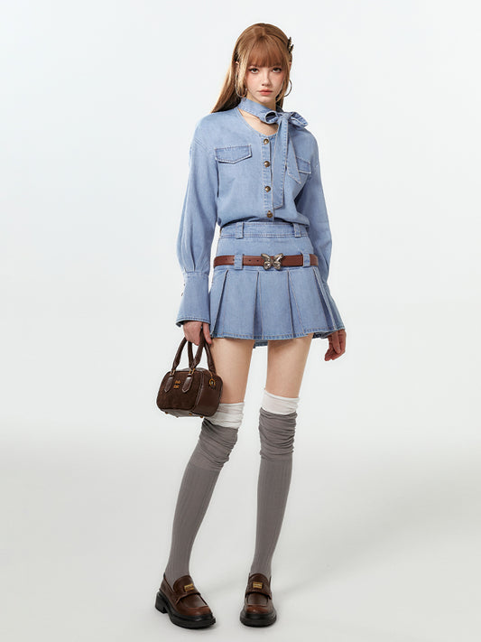 V-Neck Washed Denim Shirt With Extended Cuffs