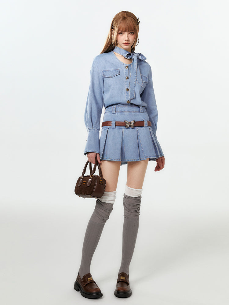 V-Neck Washed Denim Shirt With Extended Cuffs