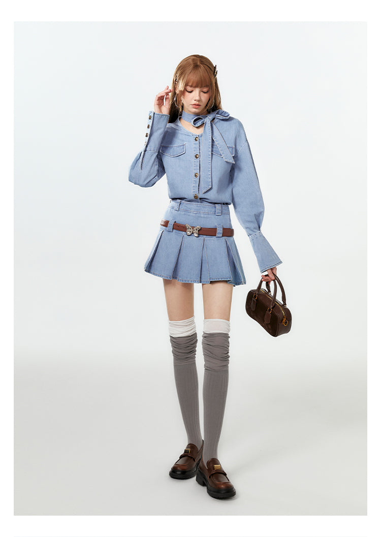 V-Neck Washed Denim Shirt With Extended Cuffs