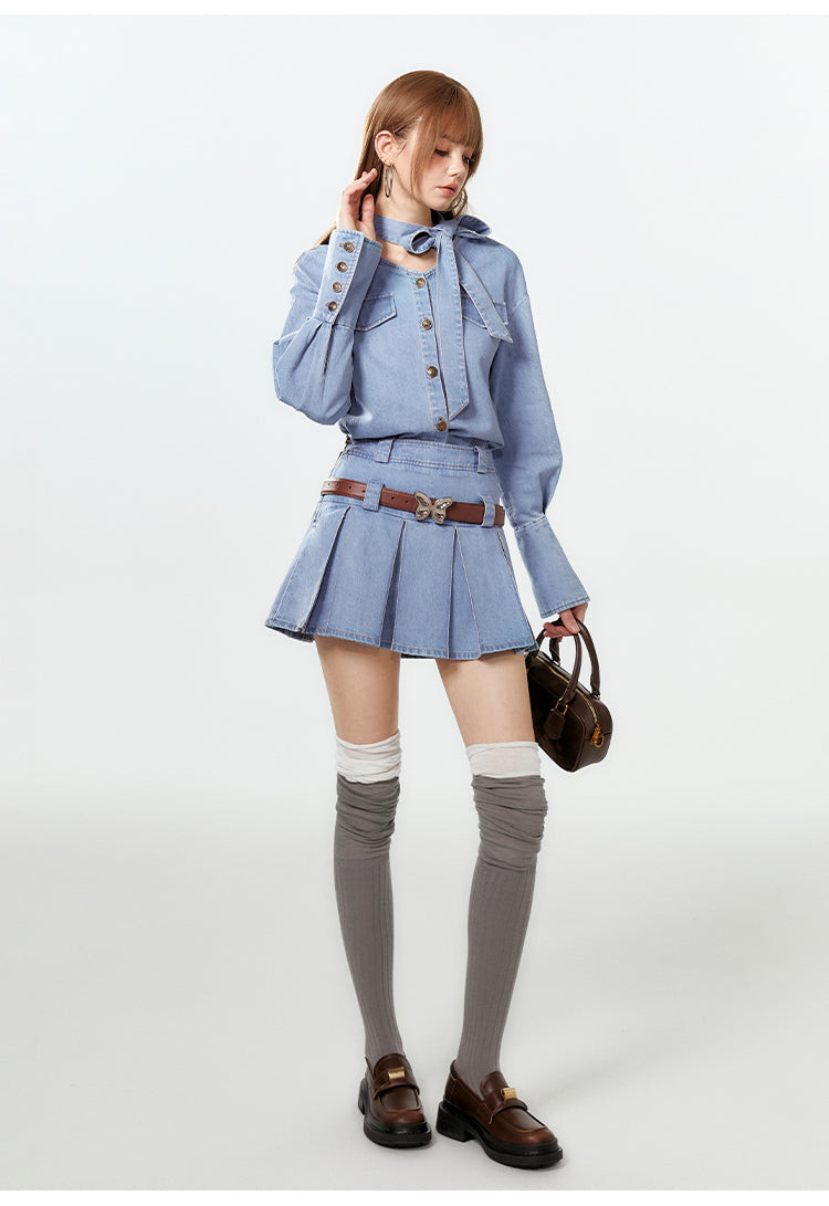 V-Neck Washed Denim Shirt With Extended Cuffs