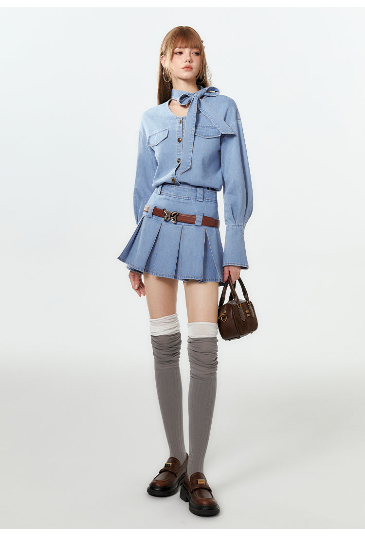 V-Neck Washed Denim Shirt With Extended Cuffs